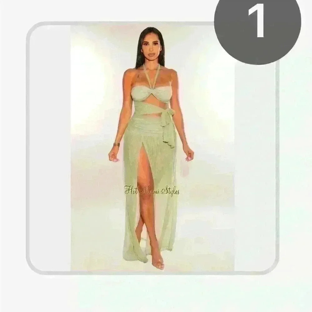 Brand new Sage Mesh Halter Cut Out Tie Up Slit Maxi Dress
Medium
